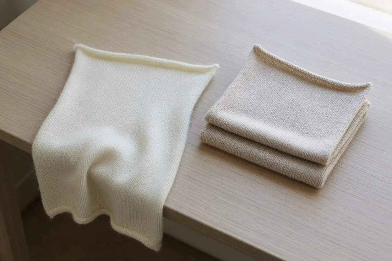 An ivory stockinette swatch draping over the edge of a wooden table, beside an oatmeal swatch folded once and holding the fold