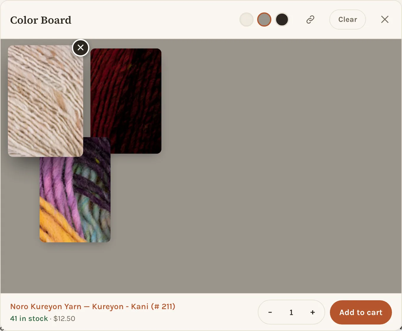 The Color Board window on a grey ground with three skein photos pushed together; the selected one is named at the foot with its stock and price, a quantity and an Add to cart button