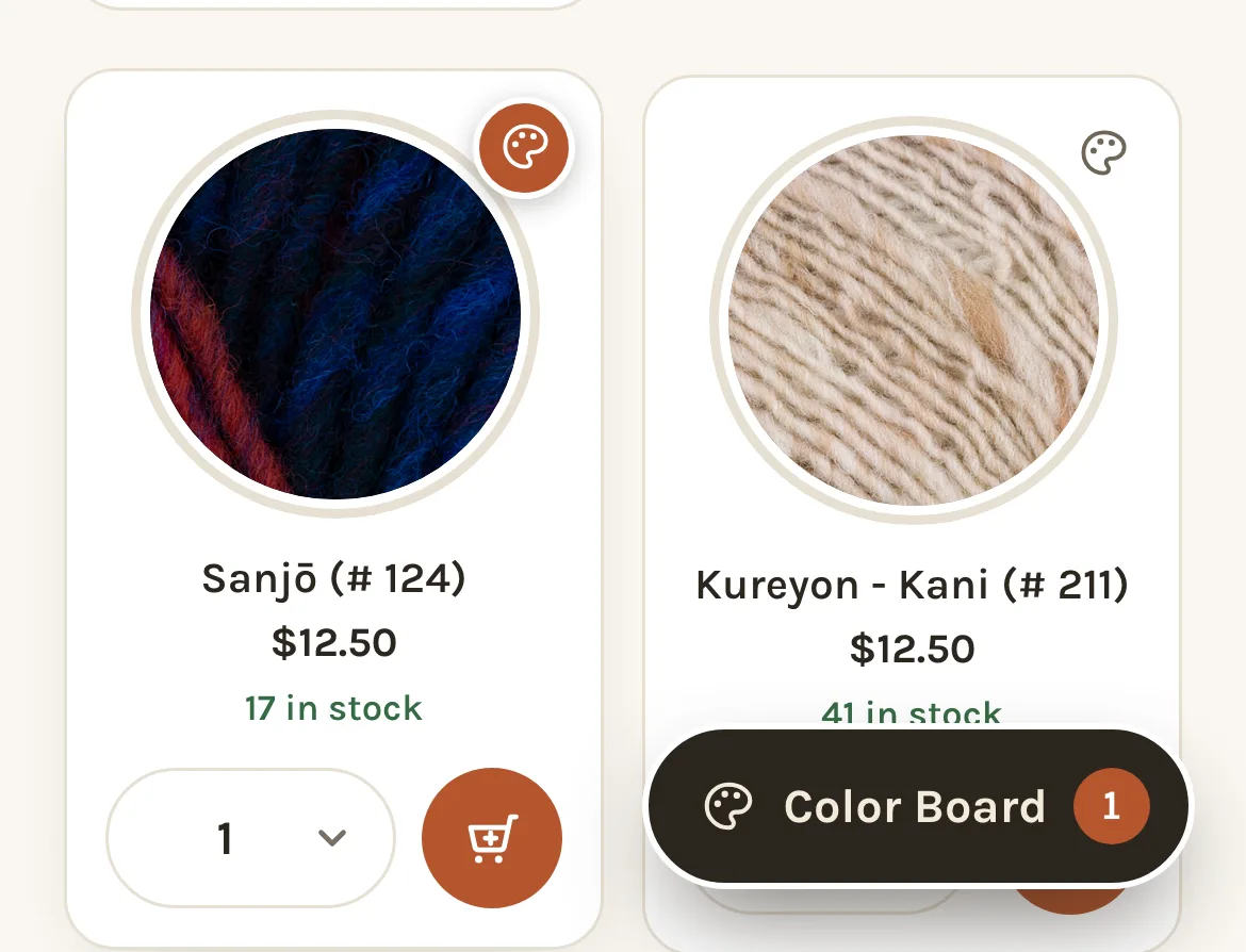Two colorway cards on a phone; each has a palette mark in its top-right corner, one filled in because that color is on the board, and the Color Board button sits at the bottom right of the screen