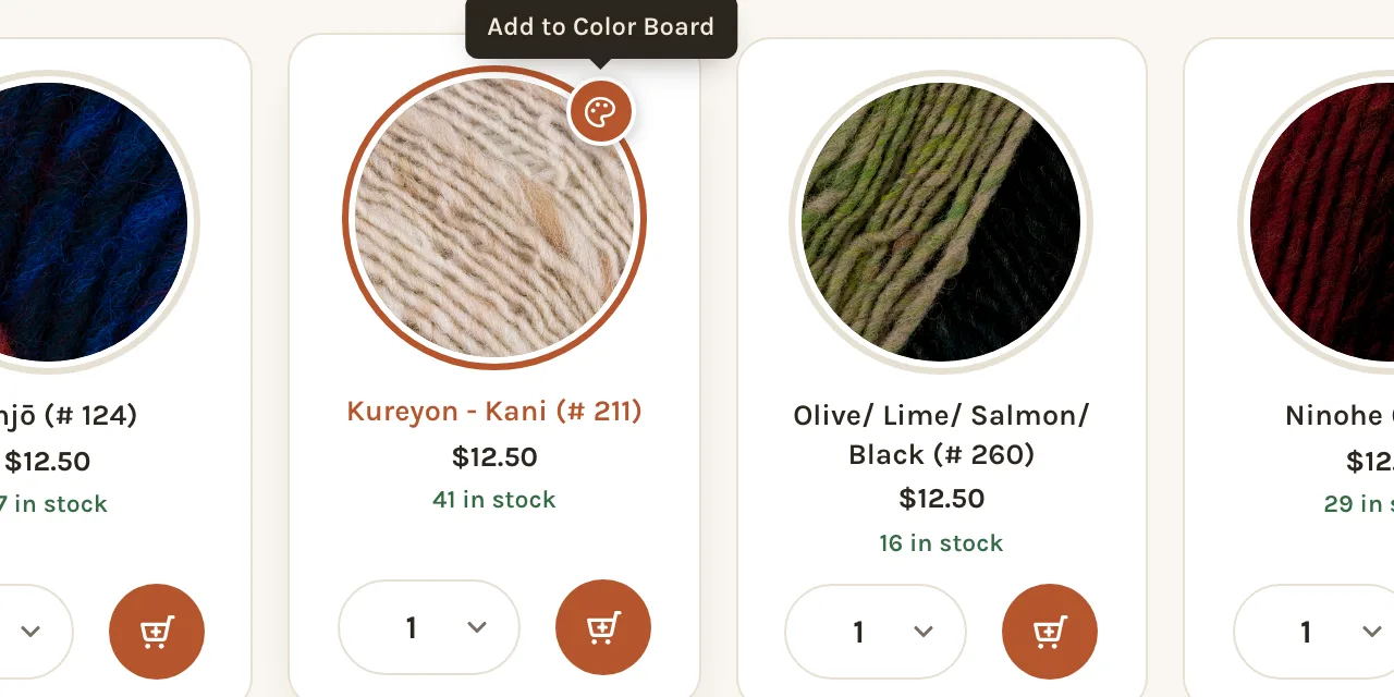 A row of colorway cards on a yarn's page; the mouse is over one, and a palette mark with the hint Add to Color Board has appeared on its photo