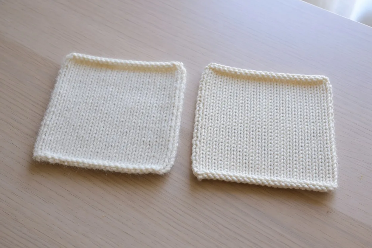 Two cream knitted swatches. The left one is soft and slightly fuzzy; the right one has crisper, separate stitches