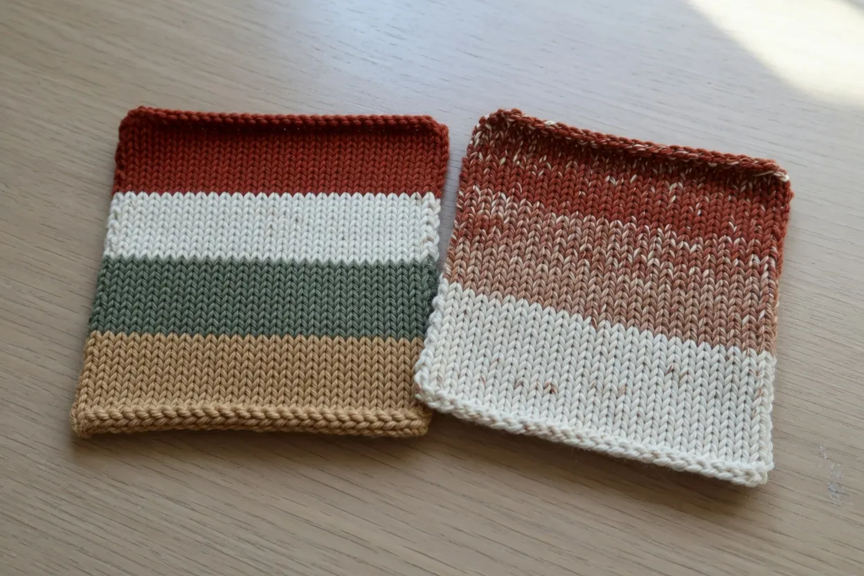 Two knitted swatches. The left has clean horizontal bands of rust, cream, sage, and camel. The right drifts from rust to cream, the colors mixed