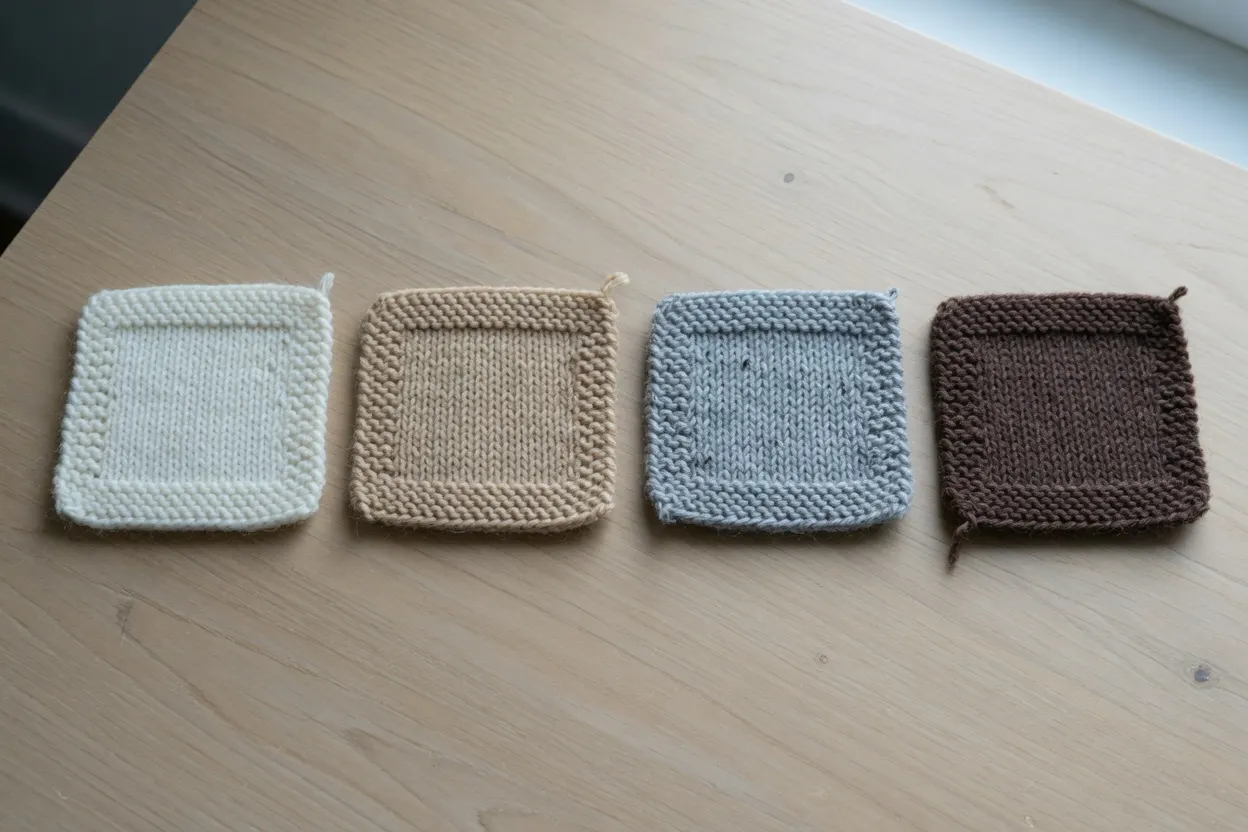 Four knitted squares in undyed fleece colors: ivory, fawn, heather gray, and brown