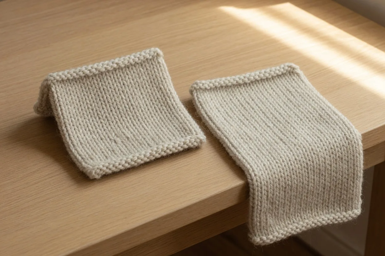 Two oatmeal stockinette swatches. The left one is folded and holds its shape; the right one drapes over the edge of a wooden table