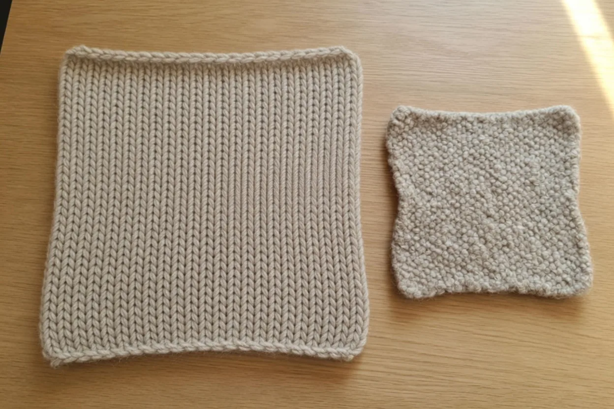 A large loose oatmeal wool swatch beside a smaller, denser felted square of the same wool