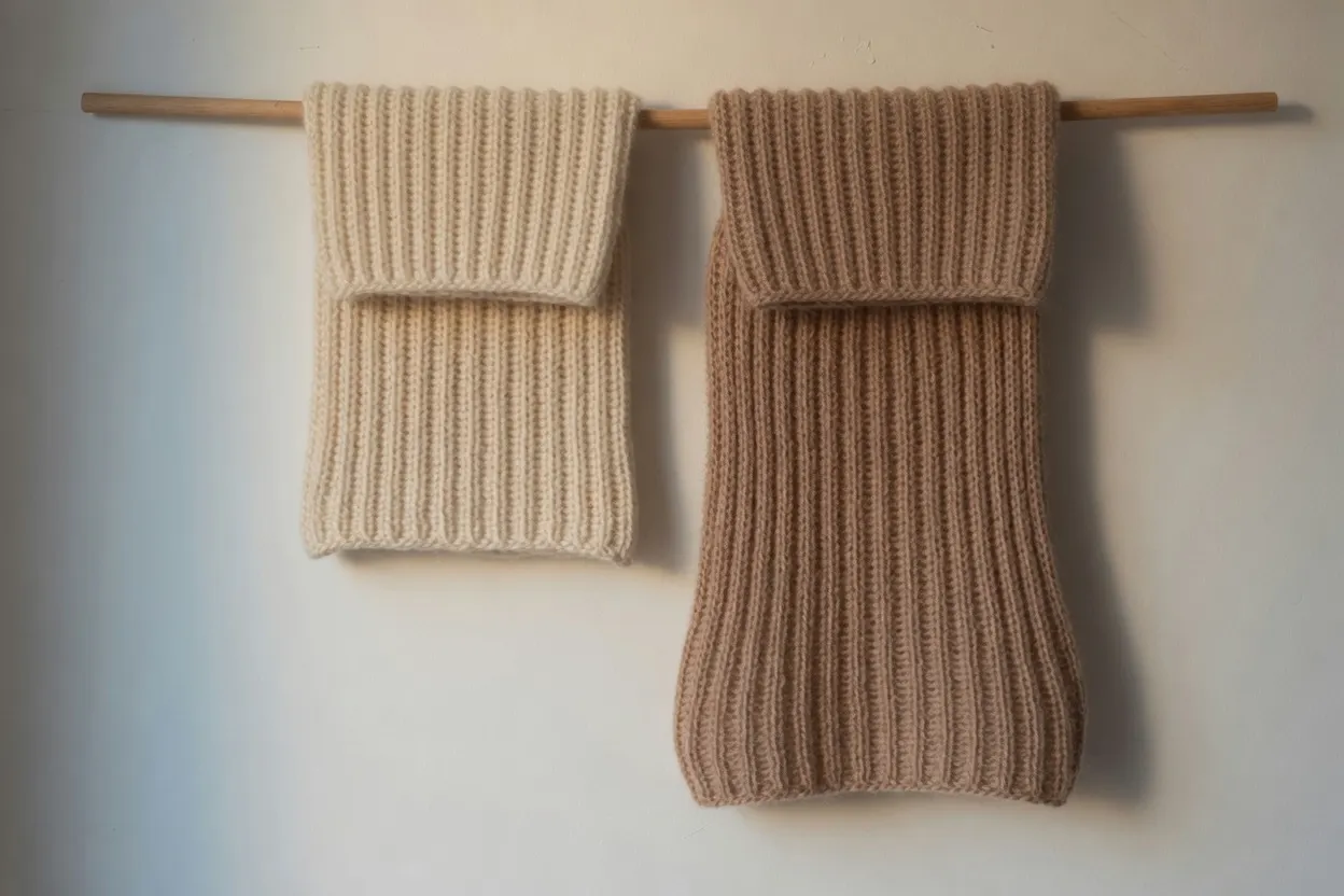 Two ribbed swatches folded over a dowel. The cream wool on the left is shorter, with the ribs closed. The fawn alpaca on the right is longer, with the ribs opened
